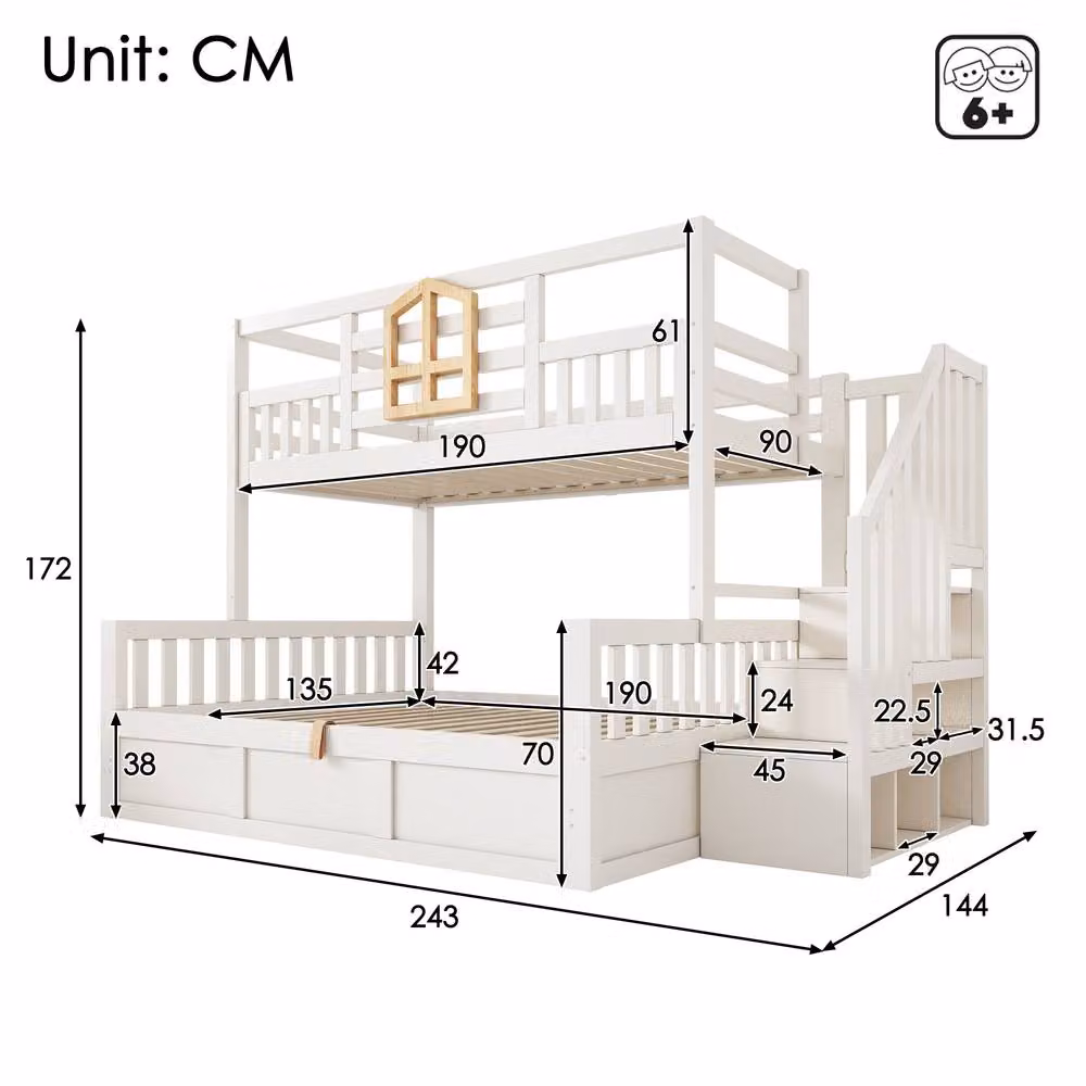 Merax Single Over Double Kids Staircase Bunk Bed with Hydraulic Storage in White and Black – 2