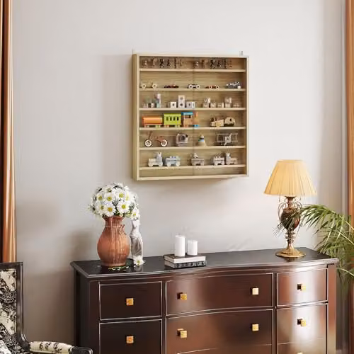 HOMCOM 7-Tier Wall Mounted Display Cabinet with Glass Doors and Internal Shelves in Oak Brown, W: 80 cm, H: 83 cm – 4