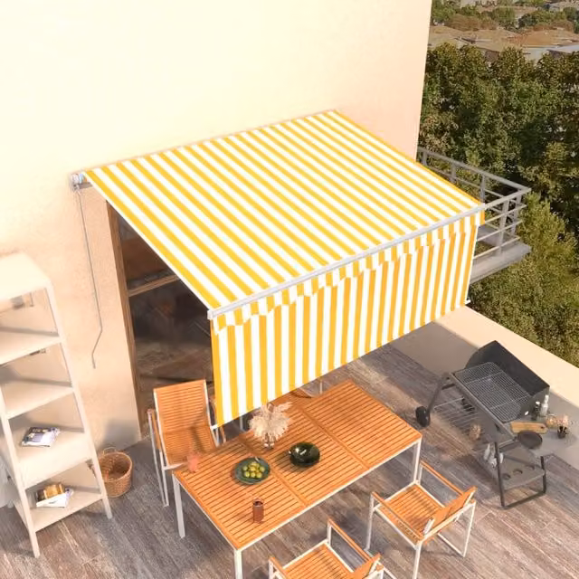 Berkfield Home Manual Retractable Awning with Blind, Yellow and White Striped, W: 350 cm, D: 250 cm