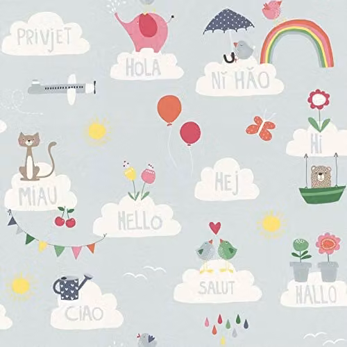 Rasch Hello Clouds Rainbow Birds Cats Butterfly Childrens Wallpaper in Blue – 1