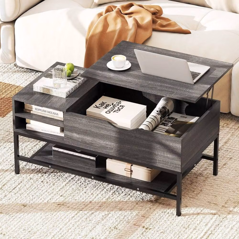 KORVIXA Modern Square Coffee Table with Storage Shelf and Lift Mechanism in Grey, W/D: 100 x 100 cm – 3