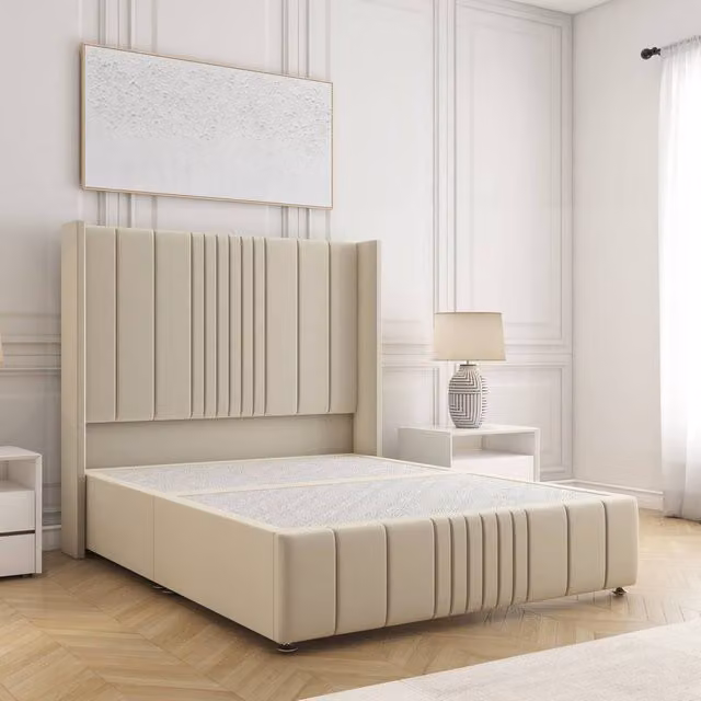 BSSPOKE Elise Super King Divan Bed with 54 inch Headboard in Beige Plush Velvet
