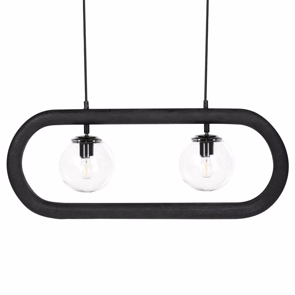 Wyld and Coco Boho-Industrial Black and Wood Suspended Pendant Lamp with Glass – 2