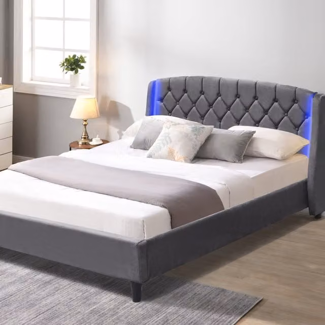 Comfy Living Upholstered Fabric Bedframe with LED Headboard in Grey, W/D/H: 140 x 200 x 94 cm