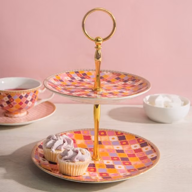 Maxwell Williams Two Tiered Geometric Round Cake Stand in Gold, Pink and Multicolour