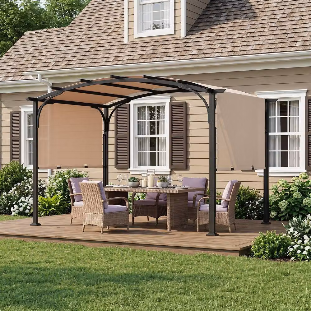 Gymax Retractable Arched Garden Pergola with Beige Polyester Canopy, W: 304.8 cm, D: 243.84 cm, H: 233.0 cm – 6
