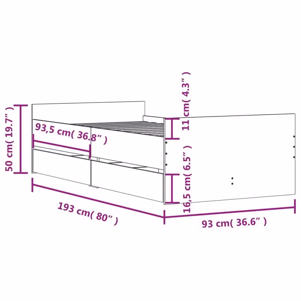 Berkfield Home Modern Single Bed Frame with Drawers, Black, W/D/H: 90 x 190 cm – 6