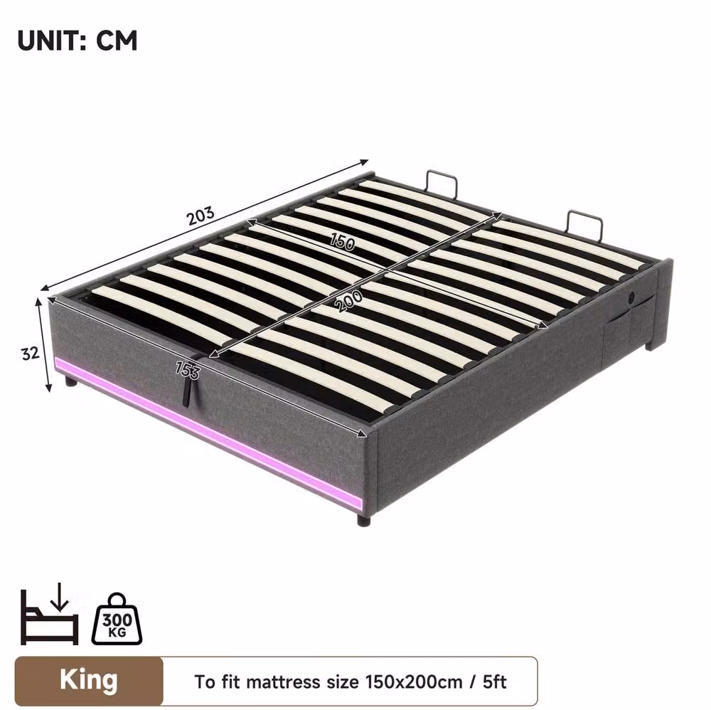 STILVORA King Storage Bed in Grey with LED Under-Bed Lighting and USB Charging Station – 3
