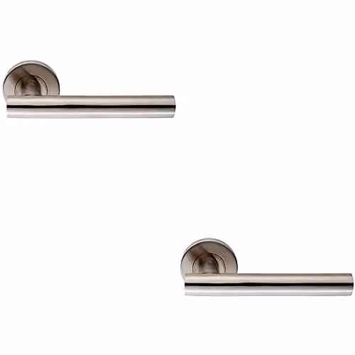 Loops Pair of Straight Round T-Bar Door Handles on Round Rose in Brushed Satin Steel, Silver