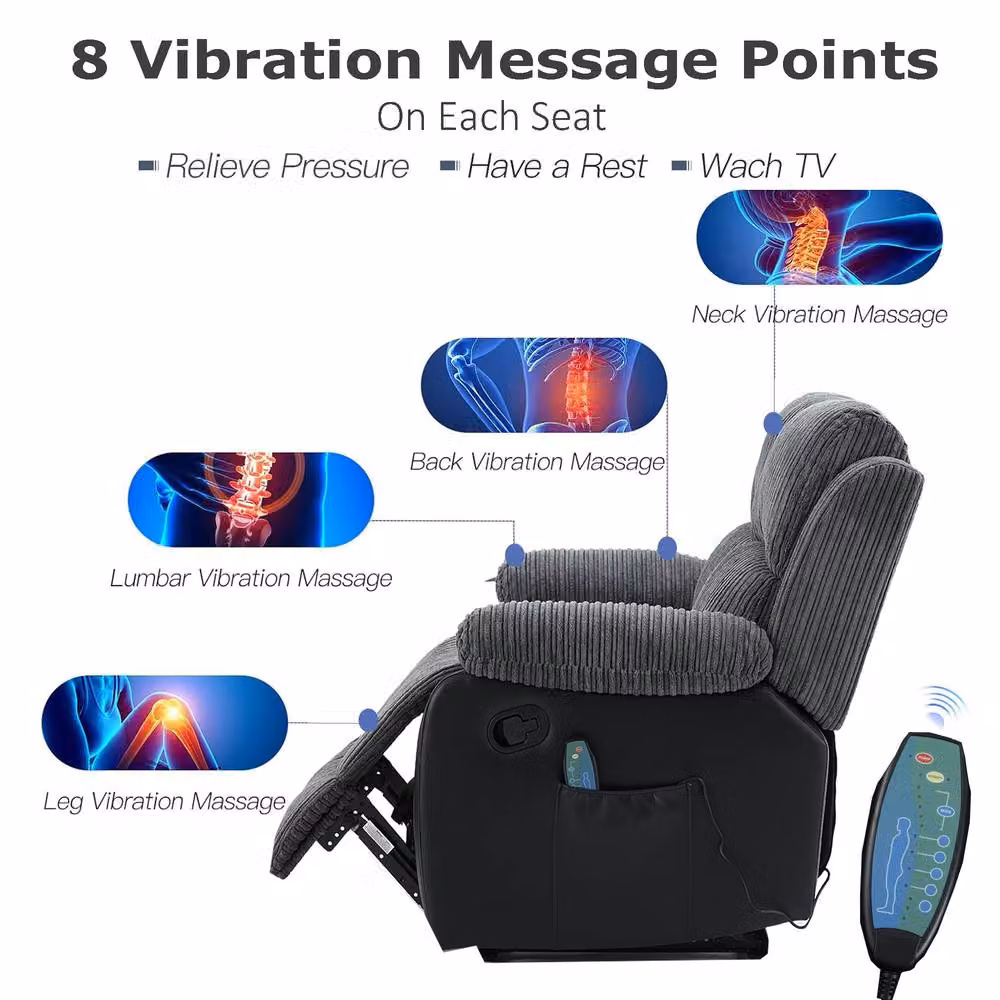 FURNITURE ONE Corduroy Fabric Electric Massage Sofa Set in Grey, 2+1+1 Seater – 5