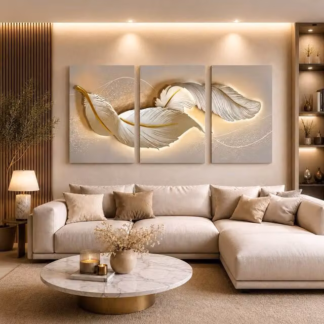 Mafett Luxury Beige and Gold Abstract Feather Triptych Canvas Wall Art Set of 3, W: 45.7 cm, H: 61.0 cm