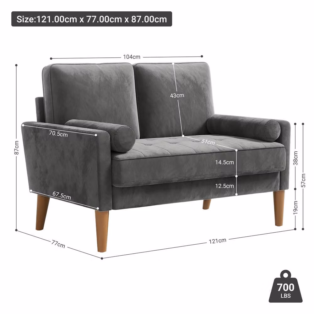 Dprodo Grey Velvet Love Seat Couch with 2 Scatter Cushions and Solid Wood Frame, Width: 121 cm – 4