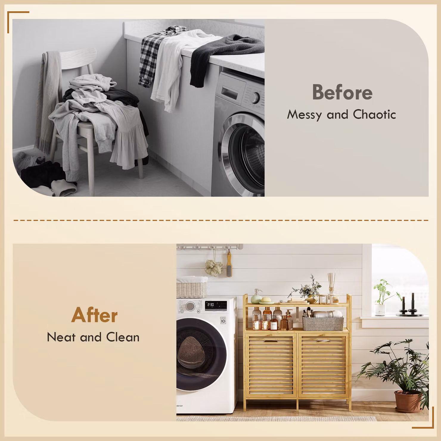 HOMCOM Double Tilt Out Bamboo Laundry Cabinet, Freestanding Scandinavian Bathroom Cabinet with 2 Removable Baskets, Brown/Beige – 4