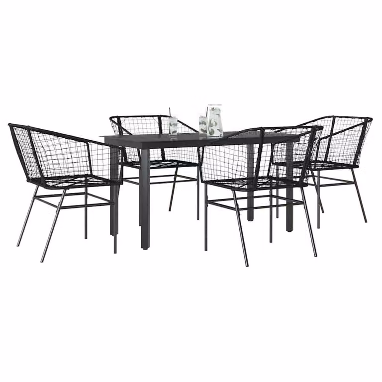 Berkfield Home Beautiful 5 Piece Garden Dining Set in Black Poly Rattan with Glass Top