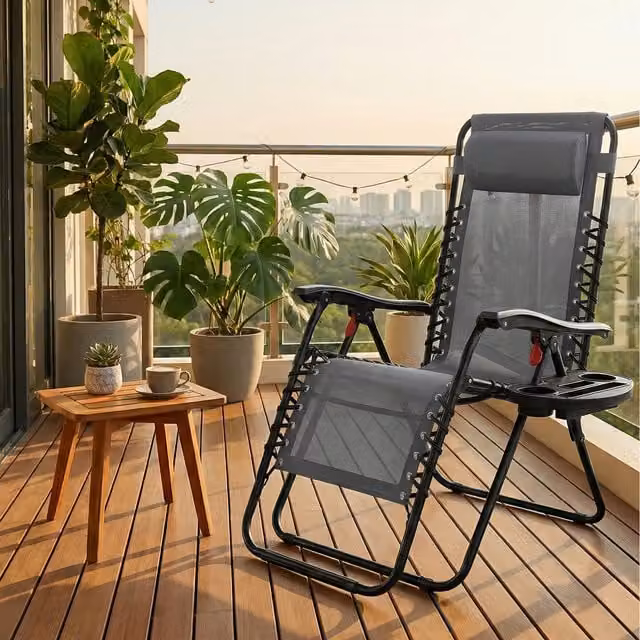 SONGMICS Set of 2 Grey Zero Gravity Chairs with Armrests and Side Trays
