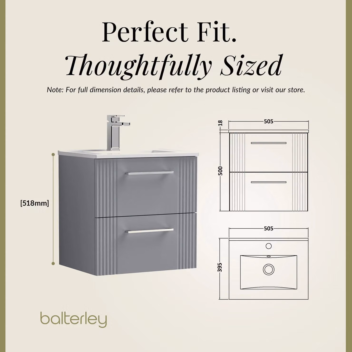 Balterley Wall Hung 2 Drawer Vanity Unit with Minimalist Basin, Satin Grey – 3