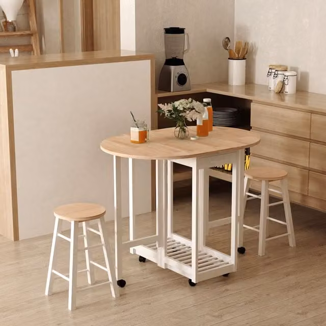 HOMCOM 3-Piece Wooden Kitchen Cart and Bar Table Set with Stools and Storage in White – 1