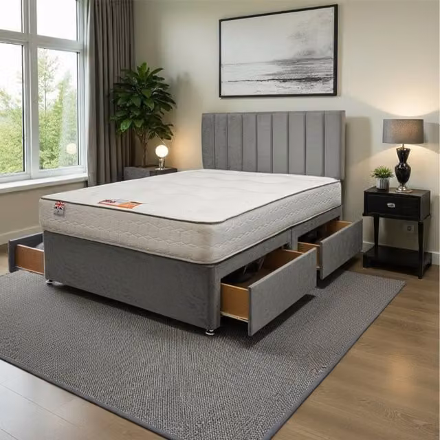 Knight Sleep Paris Plush Superking Bed Set with Mattress, 4 Drawers and 24 inch Headboard in Silver Grey Upholstered Fabric, W/D/H: 200 x 200 x 60.96 cm