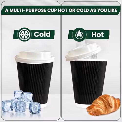ECONX 50 x 12oz Black Ripple Triple Wall Disposable Paper Coffee Cups with White Sip Through Lids – 6