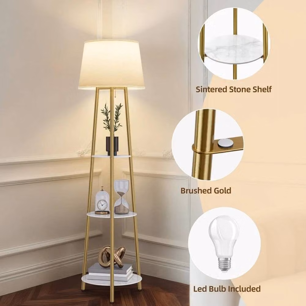 Kelvenix Tall LED Tripod Floor Lamp in White and Gold/Brass with Linen Shade, H 150 cm x W 35.5 cm x D 35.5 cm – 4