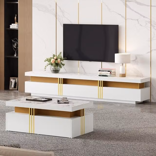 Aosom UK 2-Piece Modern Living Room Furniture Set featuring a White and Gold Glossy TV Stand and Coffee Table, W: 200 cm, D: 40 cm, H: 42 cm – 1