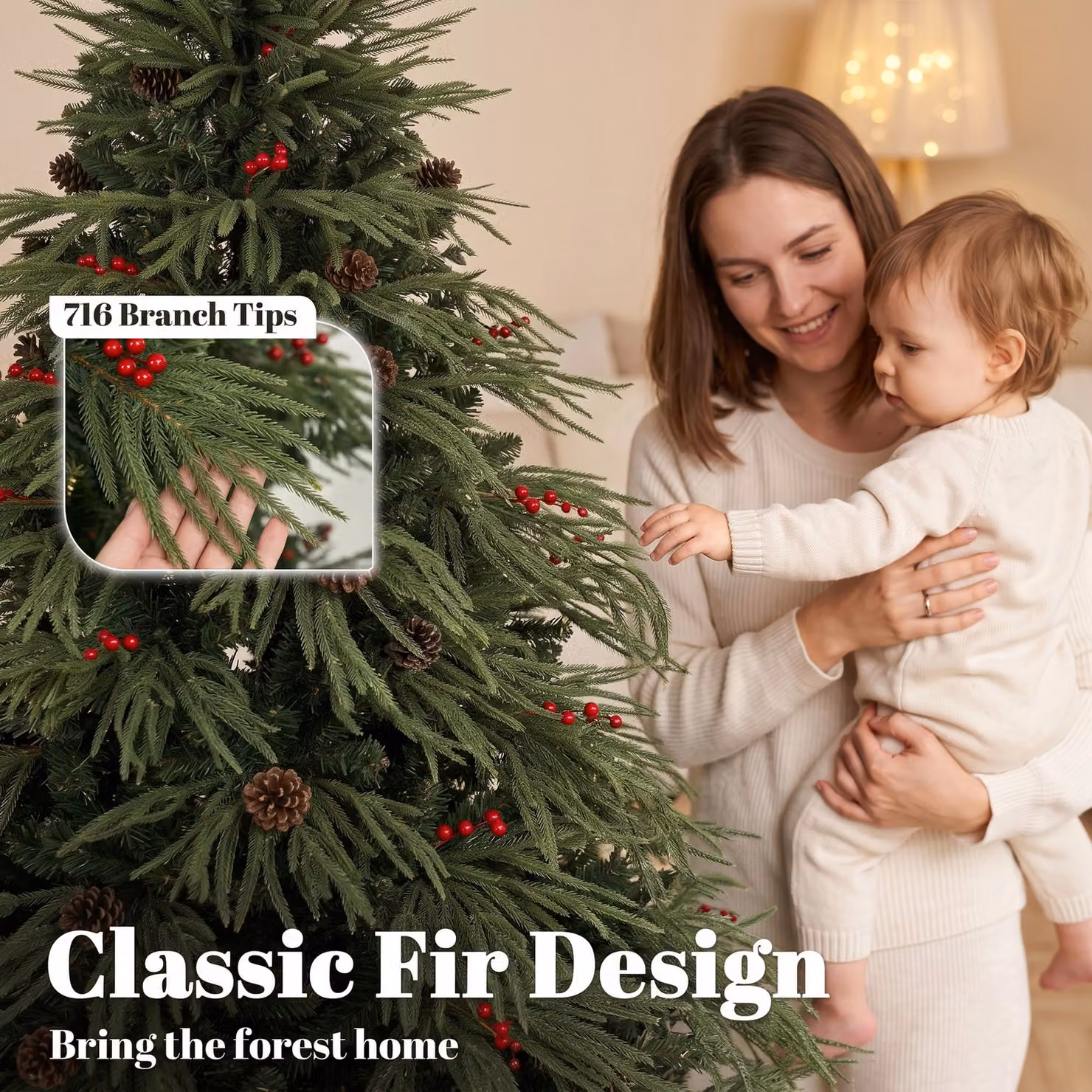 HOMCOM 6ft Green Artificial Christmas Tree with Pinecones, Red Berries and 2843 Branch Tips – 4