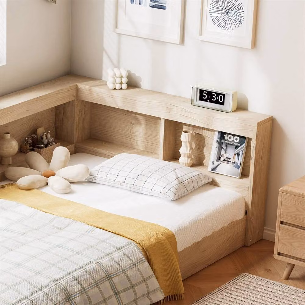 FORGEVIO Scandinavian Style Single Wooden Cot Bed Frame with Side Compartments and Bedside Shelf in Beige, W/D/H: 120 x 60 cm – 3