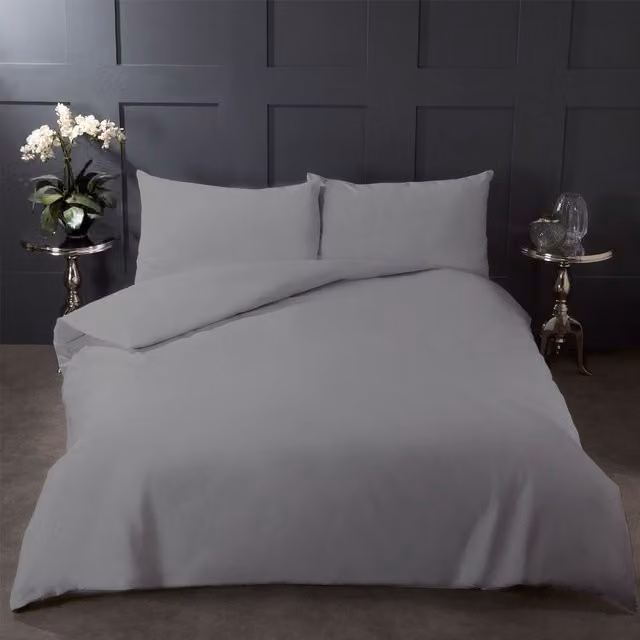 Highams Plain Silver Grey 100% Cotton Reversible Duvet Cover and Pillowcase Set, W: 200 cm x L: 220 cm