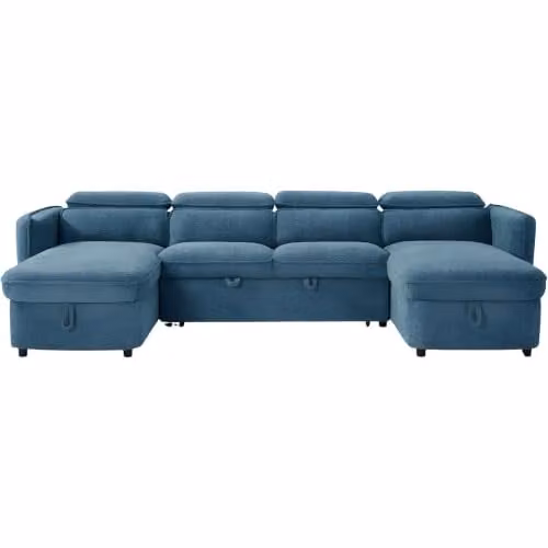Beehive Furniture Corfu U-Shaped Corner Sofa Bed in Blue Upholstered Fabric with Reversible Sleeping Function and Adjustable Headrests