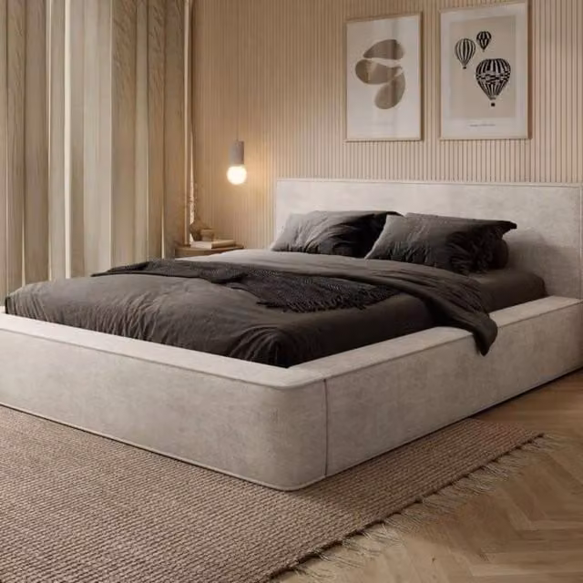 Stratus Interiors Optimus Luxury Velvet Bed Frame with Chevron Panel Headboard and Lift Up Base in Beige, W/D/H: 120 x 200 cm – 1