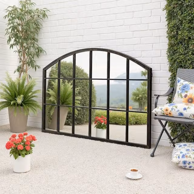 Komore Decorative Grid Arched Wall Mirror with Antique Bronze Metal Frame