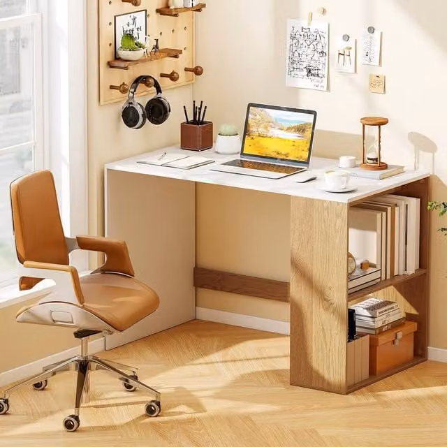 EONLION White Wooden Computer Desk with 2 Open Shelves, W: 100 cm, H: 75 cm
