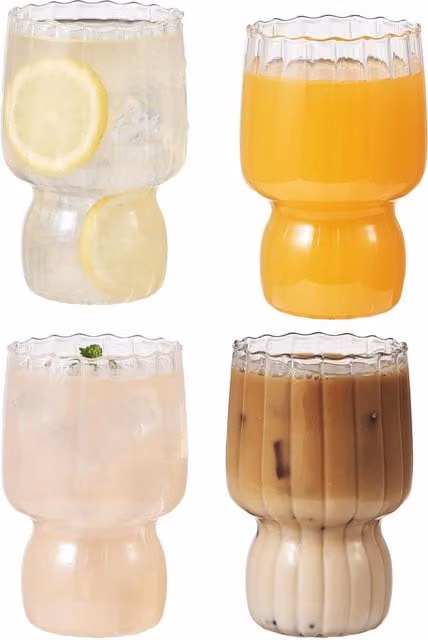 Eden & Willow Set of 4 Striped Ribbed Borosilicate Glass Tumblers in Transparent Beige