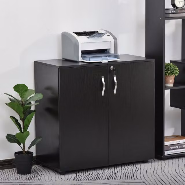 HOMCOM 2 Tier Locking Office Storage Cabinet with Hinged Doors and Internal Shelves, Black