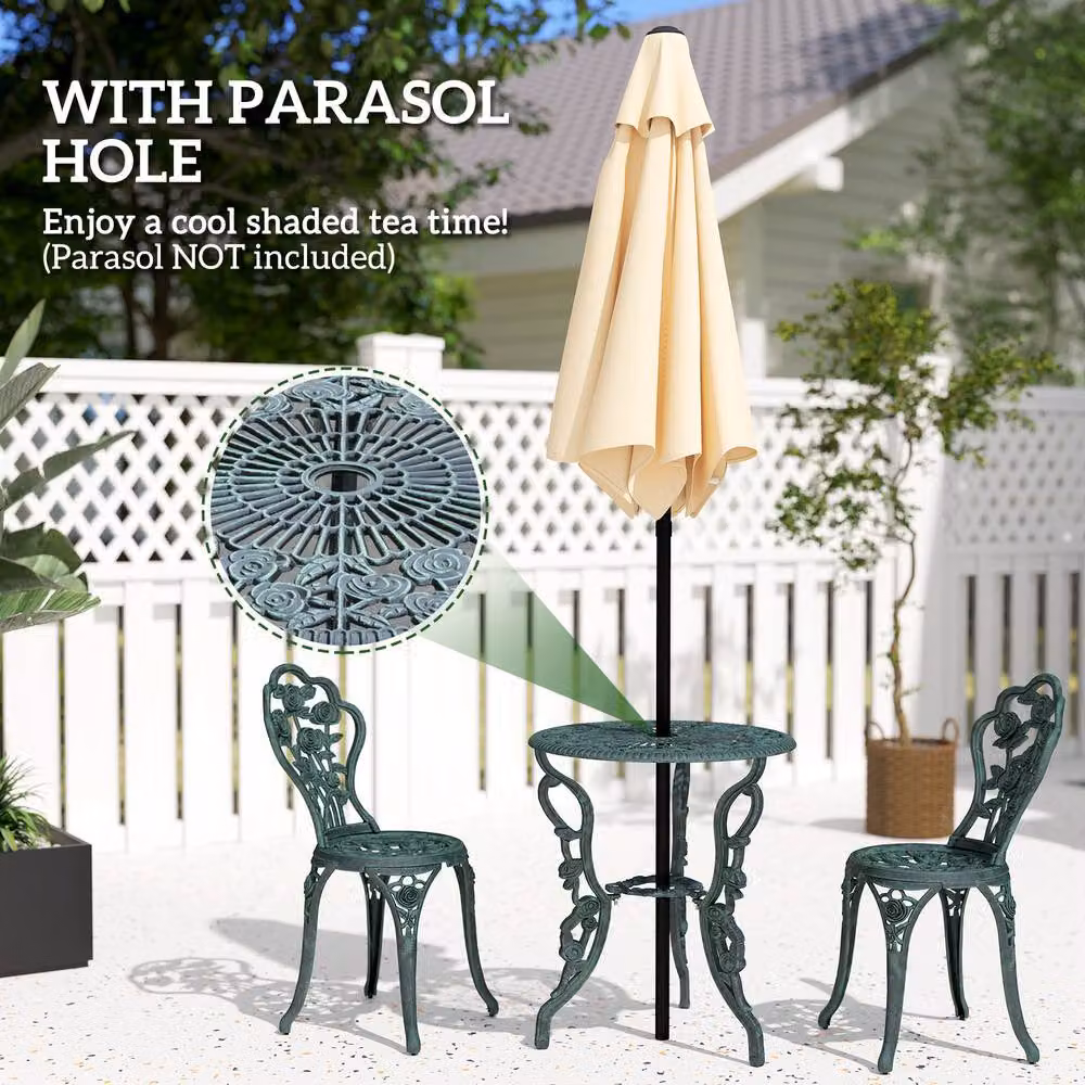 OUTSUNNY 3 Piece Metal Bistro Set with Round Table and 2 Chairs in Antique Green – 3