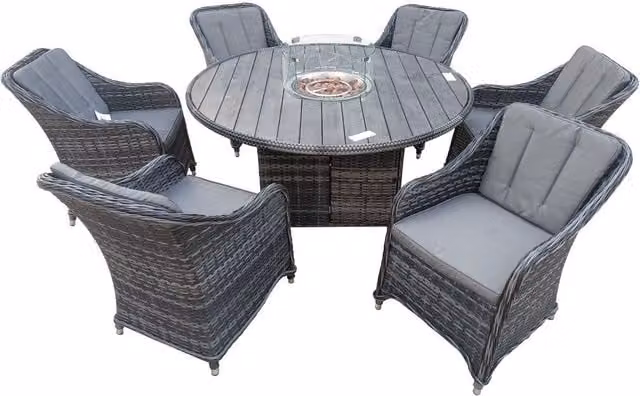 FURNITURE ONE 7 Piece Grey Rattan Dining Set with 150 cm Gas Fire Pit Table – 1