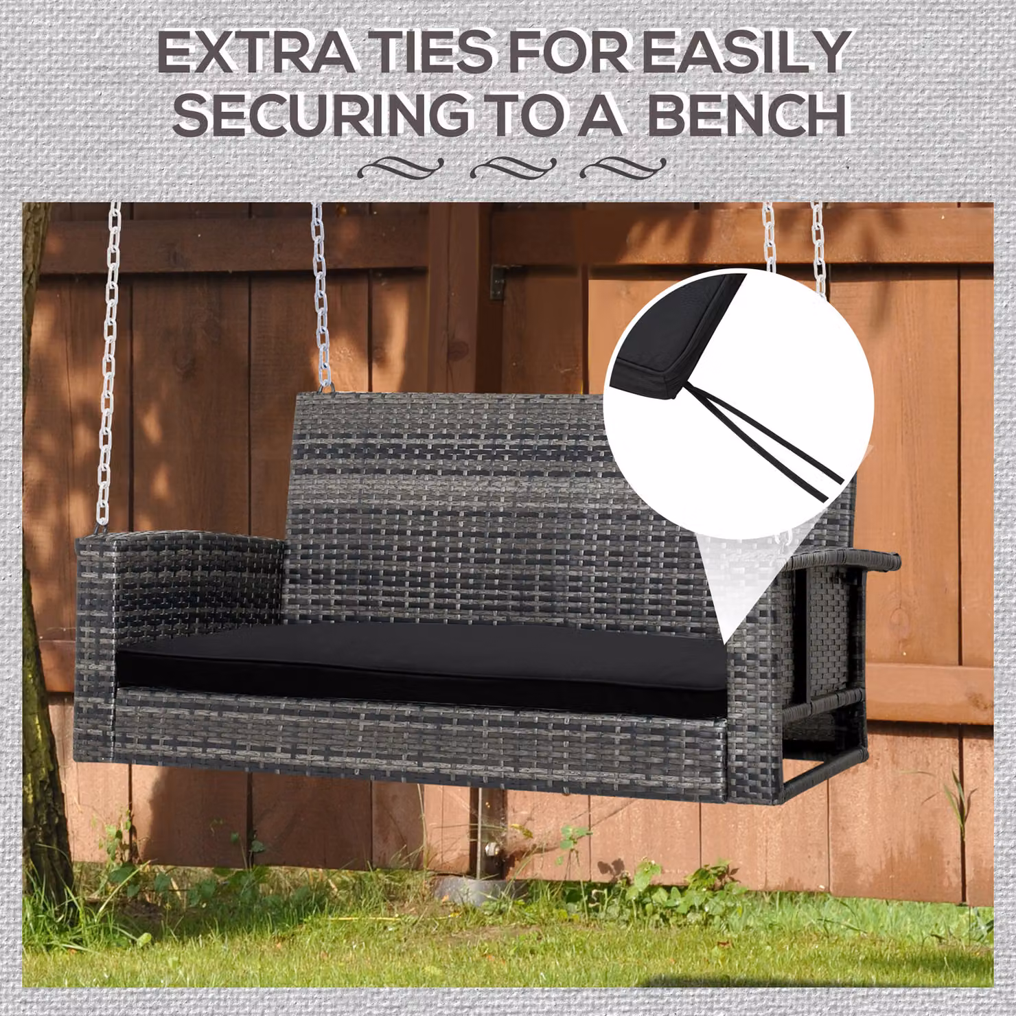 Outsunny 2-Seater Garden Bench Cushion with Ties, Black, W: 110 cm, D: 46 cm – 4