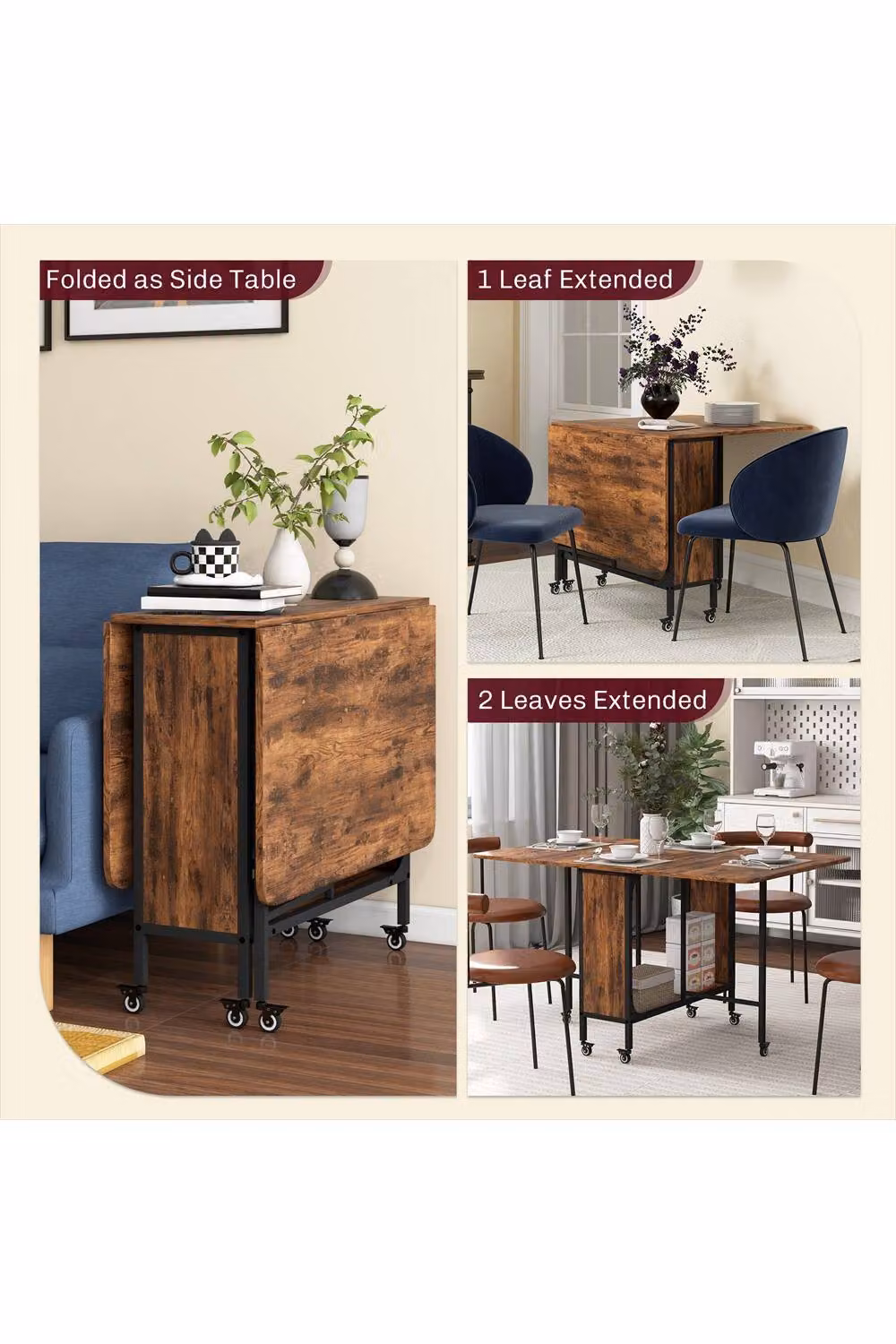 ERGOVEXA Six-Person Drop Leaf Dining Table in Rustic Brown, W/D/H: 160 x 80 x 74 cm – 3