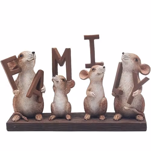 Leonardo Collection Mice Family Sign Quote Decor Carved Tabletop Ornament in White and Brown