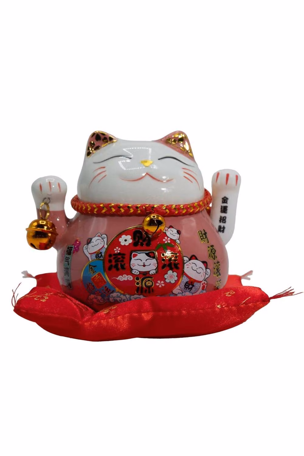 KDMD Pink Ceramic Moving Hand Money Cat on Red Cushion in Dusty Pink – 2