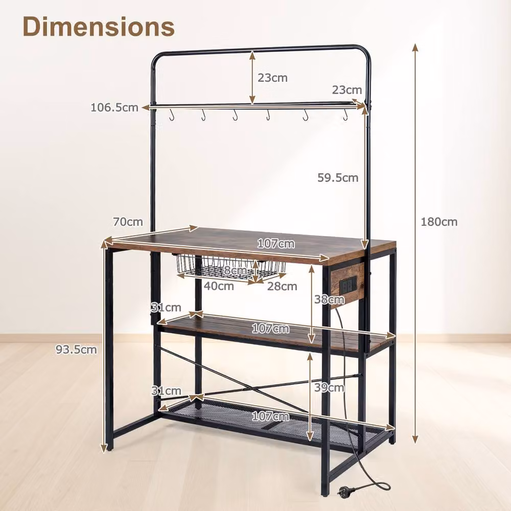Gymax Metal Industrial Coffee Bar Table and Kitchen Island with Power Outlet in Brown – 2