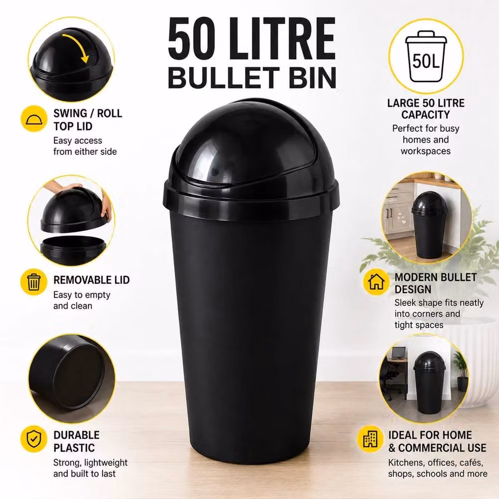 FLAVORA Heavy Duty 50L Black Plastic Swing Kitchen Bin – 4