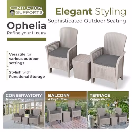 Centurion Supports Ophelia 3-Piece Grey PU Rattan Wicker Garden Furniture Set with High Back Armchairs, Side Table and Storage – 6