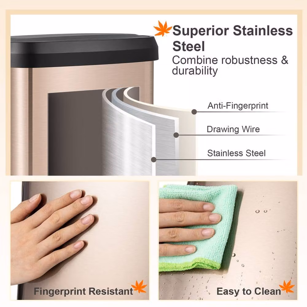 CASART 50L Stainless Steel Step Trash Can with Soft Close Lid and Odour Filter, Gold – 3