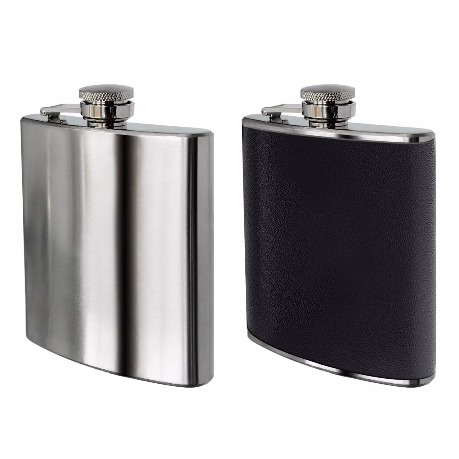 Orsina Black Leather Effect Stainless Steel Hip Flask Set with Shot Glasses and Funnel, 8oz, Silver – 2