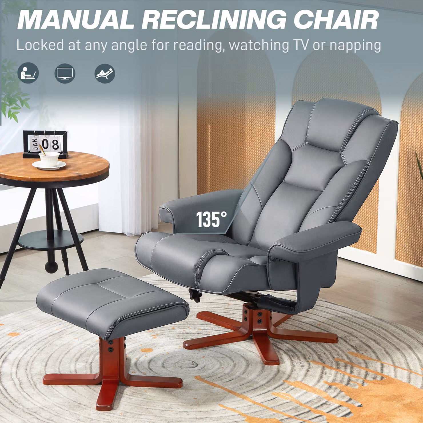 HOMCOM Grey Synthetic Leather Recliner Chair with Footstool, High Back, Armrests and Rocking Function – 4