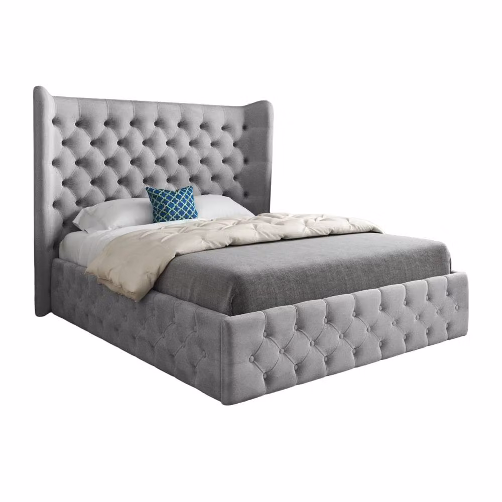KDMD Lawford Wide Winged Upholstered Grey Velvet Designer Bed Frame, Size: King (180 x 200 cm) – 2