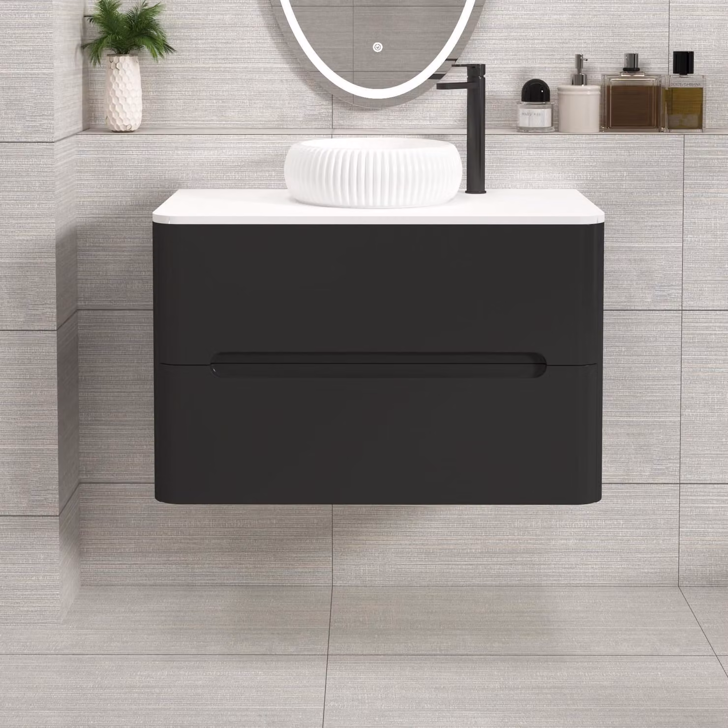 Royal Bathrooms Venice 800mm Matt Nocturne Black Wall Hung 2 Drawer Vanity Unit with Plain White Worktop and Milan Basin
