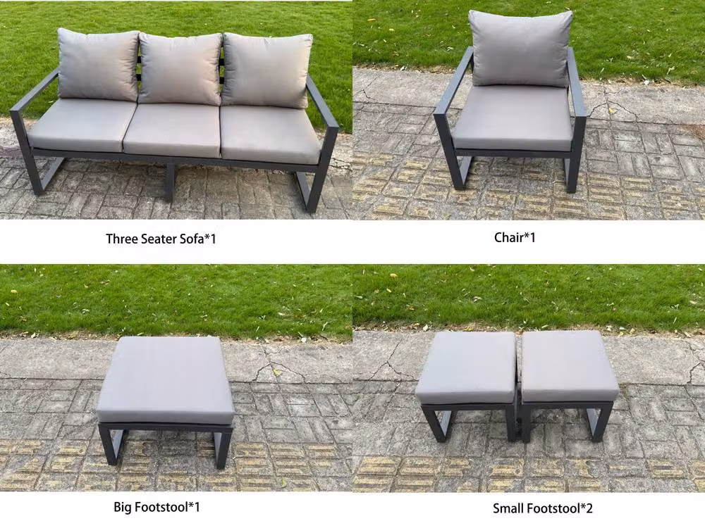 Fimous Dark Grey Powder Coated Aluminium Dining Set with Height Adjustable Lifting Table, Chairs and 3 Footstools – 2
