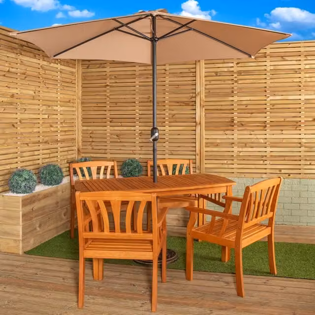 Samuel Alexander Vintage Floral 4 Person Wooden Dining Set with Parasol and Base in Beige and Brown